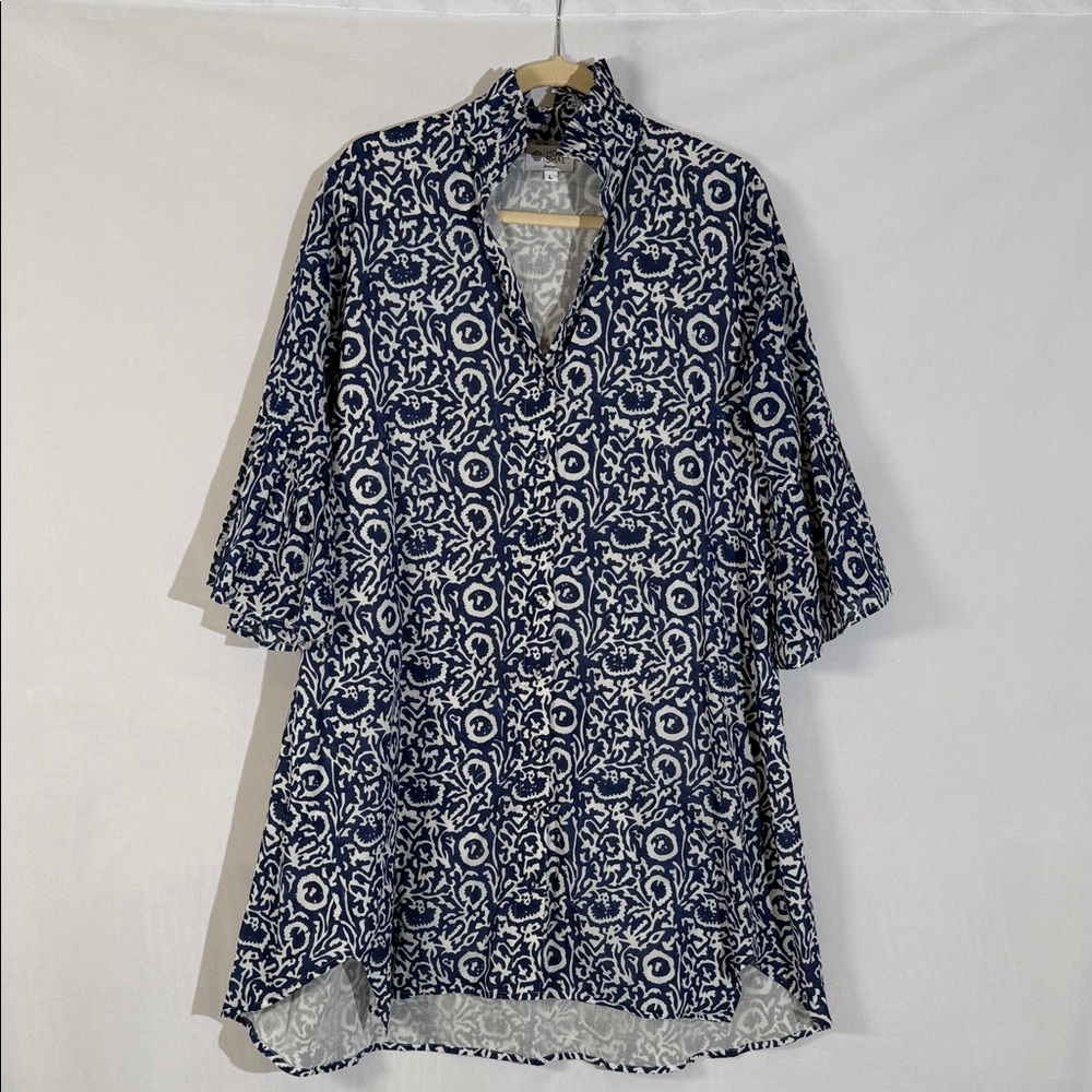 Holly Shae Designs Dress Kaftan Size L Blue White Print EUC Like New